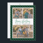 Cartes Pour Fêtes Annuelles Green Buffalo Check 3 Photo Collage Christmas<br><div class="desc">This flat photo Christmas card offers 3 photos accented with a dark green and black buffalo check plaid border. Les Modern Style read : Merry Christmas. Photographe © Storytree Studios,  Stanford,  CA.</div>