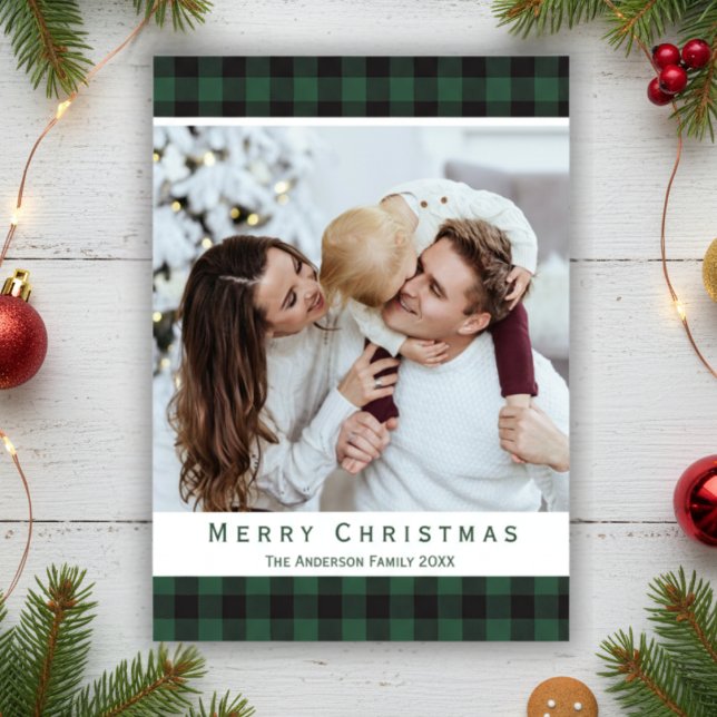 Cartes Pour Fêtes Annuelles Green Buffalo Plaid Russe Joyeux Noël Photo (Green Buffalo Plaid Rustic Merry Christmas Photo Holiday Card)