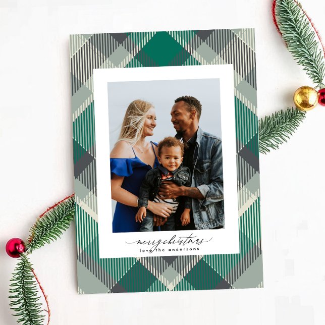 Cartes Pour Fêtes Annuelles Green Elegant Joyeux Noël personnalisé photo plaid (Créateur téléchargé)