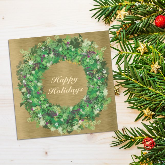 Cartes Pour Fêtes Annuelles Green et Gold Holiday Wreath (Créateur téléchargé)