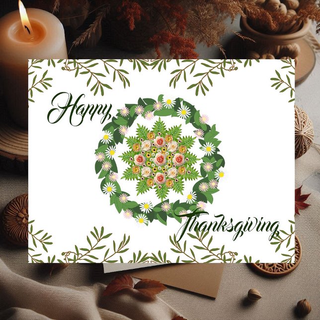 Cartes Pour Fêtes Annuelles Green Fall Wreath Flora Bon thanksgiving Feuille (Green Fall Wreath Flora Leaves Happy Thanksgiving Holiday Postcard)