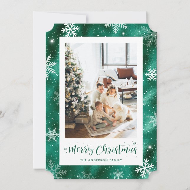 Cartes Pour Fêtes Annuelles Green Foil Snowy Photo Joyeux Noël (Devant)