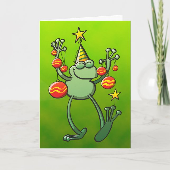 Cartes Pour Fêtes Annuelles Green Frog Celebrating with Christmas Baubles (Devant)