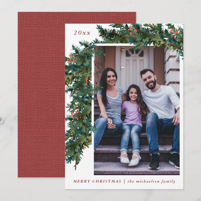 Cartes Pour Fêtes Annuelles Green Garland Red Burlap Look Photo Holiday (Devant / Derrière)