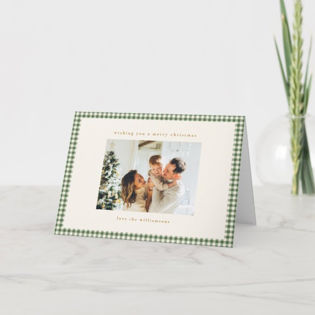 Cartes Pour Fêtes Annuelles Green Gingham Plaid Custom Photo Christmas Folded (Devant)