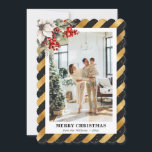 Cartes Pour Fêtes Annuelles Green Gold Botanical Modern Photo Christmas Card<br><div class="desc">Elegant black and gold photo Christmas card featuring modern stripes,  snowflakes and stars adorned with a watercolor painting of white poinsettia,  conifer tree branches,  holly and red berries. Easily personalize this modern holiday card online. The gold foil effect is only simulated in the artwork.</div>