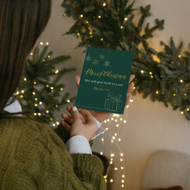 Cartes Pour Fêtes Annuelles Green & Gold Christian Christmas Card – Matt. 1:21 (Créateur téléchargé)