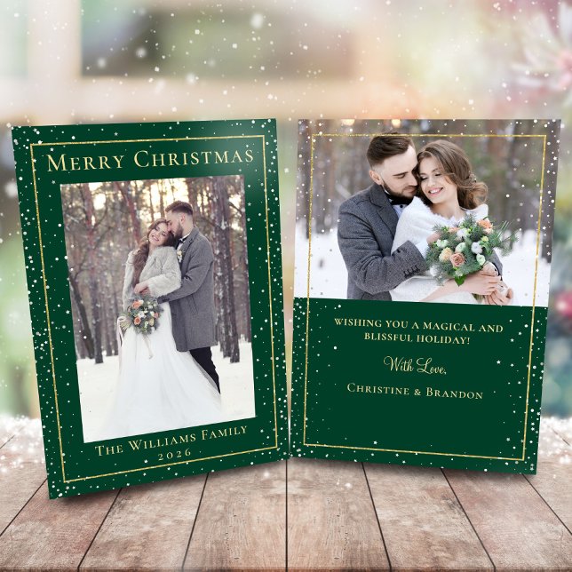 Cartes Pour Fêtes Annuelles Green Gold Christmas Snowfall 2 Photo Holiday Card (Créateur téléchargé)