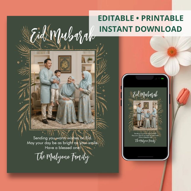 Cartes Pour Fêtes Annuelles Green Gold Glitter Botanical Photo Eid Mubarak (Créateur téléchargé)