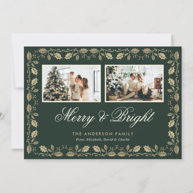 Cartes Pour Fêtes Annuelles Green Gold Merry et Bright Family Photo (Devant)