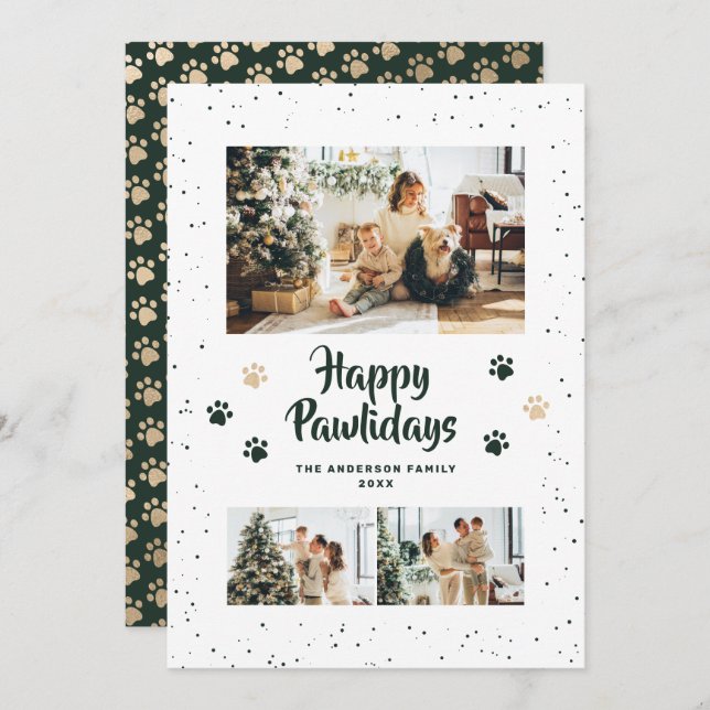 Cartes Pour Fêtes Annuelles Green Gold Photo Happy Pawlidays Card (Devant / Derrière)