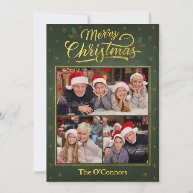 Cartes Pour Fêtes Annuelles Green & Gold Script Merry Christmas Collage Card (Devant)