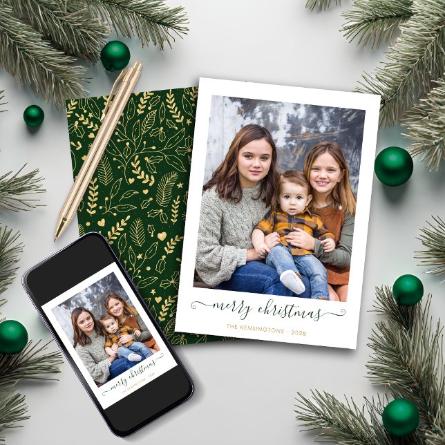 Cartes Pour Fêtes Annuelles Green Gold Simple Script Joyeux Noël Photo (Green Gold Simple Script Merry Christmas Photo Holiday Card)