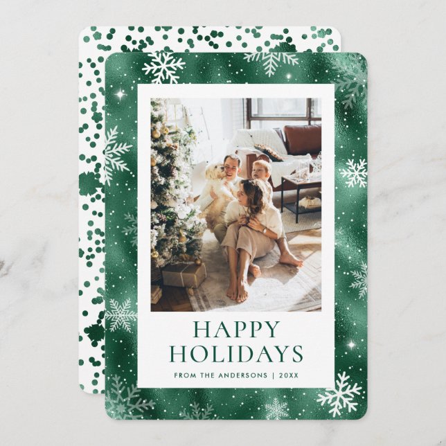 Cartes Pour Fêtes Annuelles Green Happy Holidays Snowflake Photo Neige (Devant / Derrière)