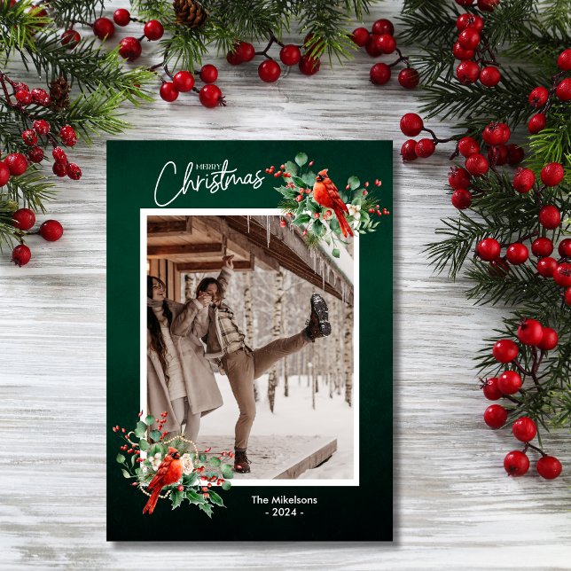Cartes Pour Fêtes Annuelles Green Holly Berries Joyeux Noël Photo (Créateur téléchargé)