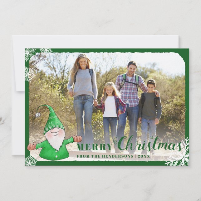 Cartes Pour Fêtes Annuelles Green Joyeux Noël mignonne Gnome Photo de famille (Devant)