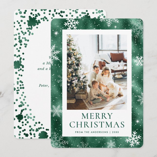 Cartes Pour Fêtes Annuelles Green Joyeux Noël Snowflake Photo de neige (Devant / Derrière)