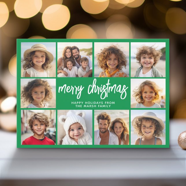 Cartes Pour Fêtes Annuelles Green MCM - 10 Photo Collage - Joyeux Noël (Modern Holiday Greeting Card with a Family Photo)