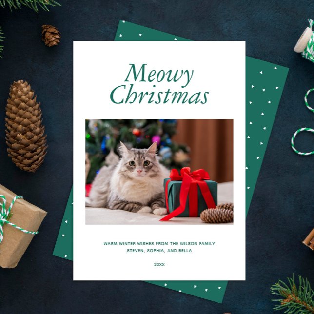Cartes Pour Fêtes Annuelles Green "Meowy Christmas" Photo personnalisée (Créateur téléchargé)