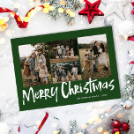 Cartes Pour Fêtes Annuelles Green Modern Letters Quatre Photo Joyeux Noël<br><div class="desc">Green Modern Lettering Four Photo Joyeuse carte de Noël avec quatre photos à l'avant et un motif de verdure festif à l'arrière.</div>