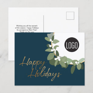Cartes Pour Fêtes Annuelles Green Modern Wreath avec logo Happy Holidays Blue