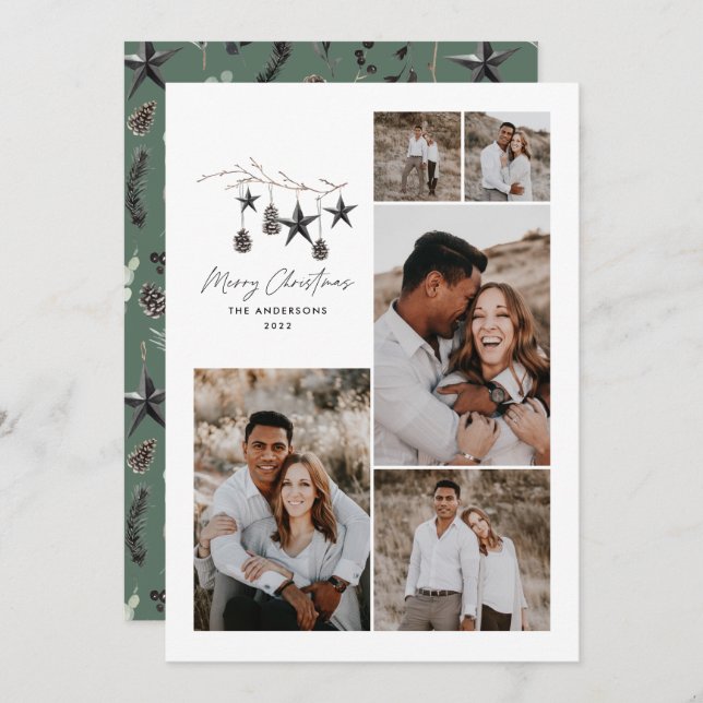 Cartes Pour Fêtes Annuelles Green moderne élégant script Noël multi photo (Devant / Derrière)