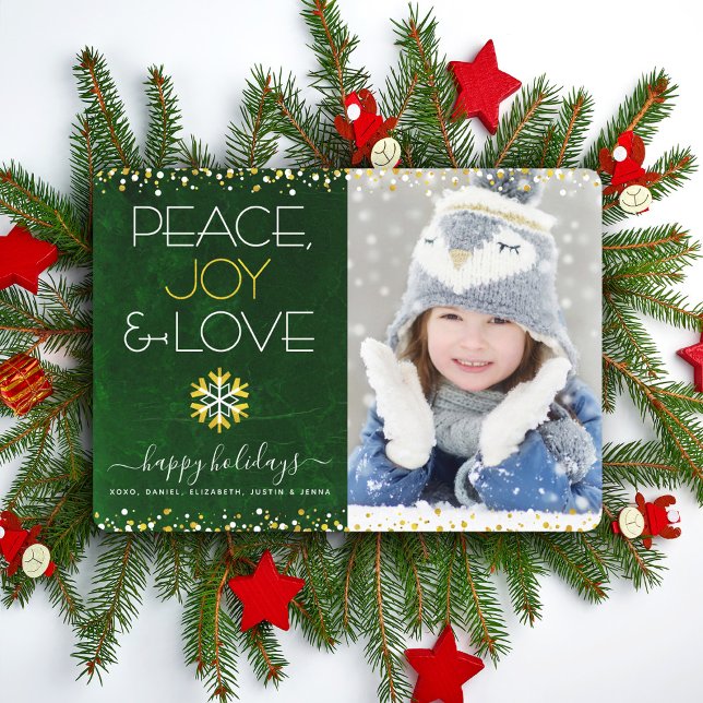 Cartes Pour Fêtes Annuelles Green Photo Peace Jove Love Snowflake Gold Modern (Créateur téléchargé)