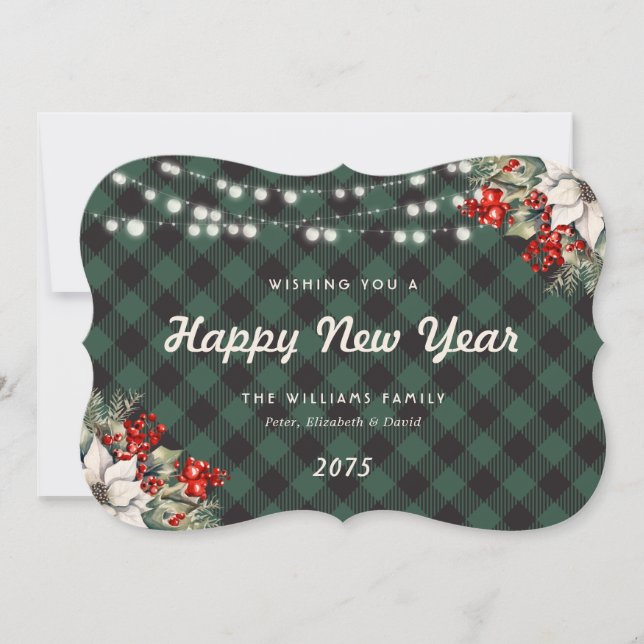 Cartes Pour Fêtes Annuelles Green Plaid Botanical String Lights New Year Card (Devant)