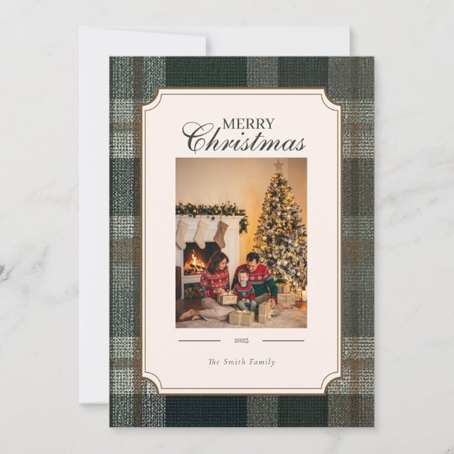Cartes Pour Fêtes Annuelles Green Plaid Christmas Three Photo Holiday Card (Devant)