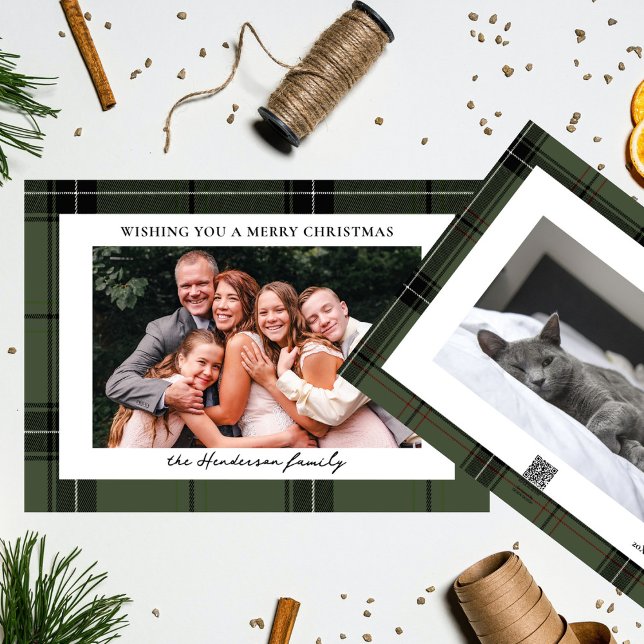 Cartes Pour Fêtes Annuelles Green Plaid Custom Two Horizontal Photo Noël (Créateur téléchargé)