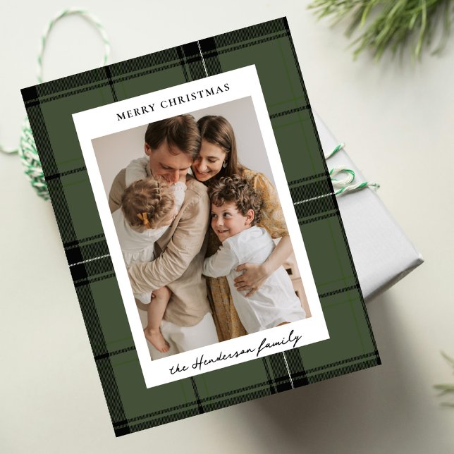 Cartes Pour Fêtes Annuelles Green Plaid Custom Vertical Photo Christmas (Créateur téléchargé)