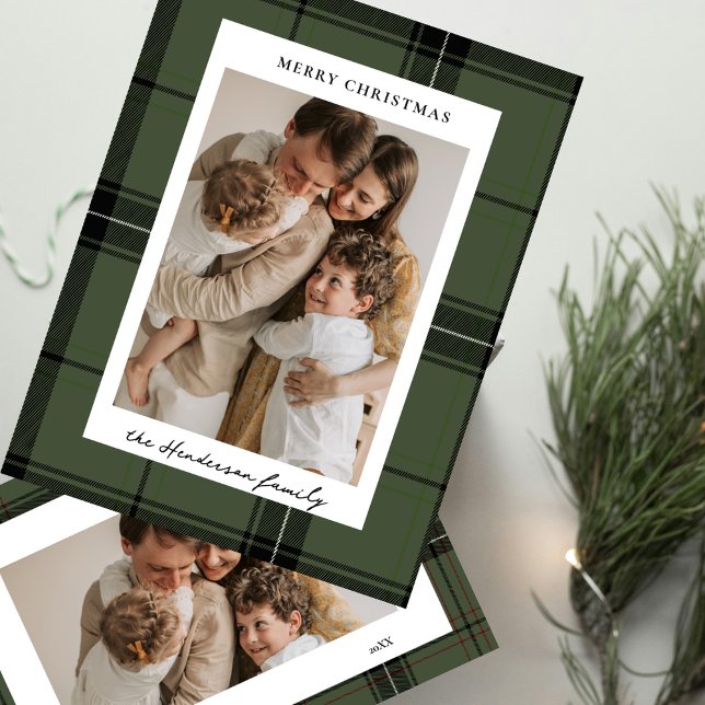 Cartes Pour Fêtes Annuelles Green Plaid Elegant Custom Two  Photo Christmas  (Créateur téléchargé)