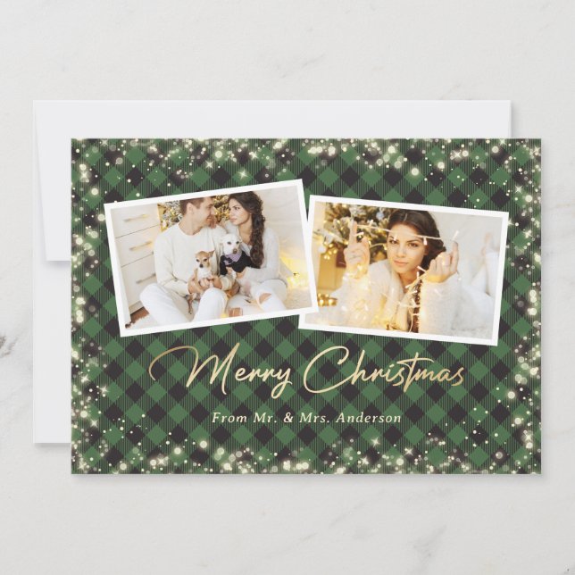 Cartes Pour Fêtes Annuelles Green Plaid Gold Newlyweets Photo Joyeux Noël (Devant)