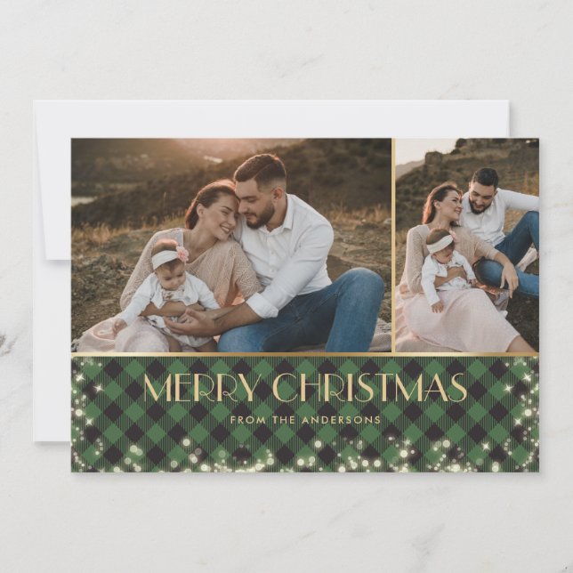 Cartes Pour Fêtes Annuelles Green Plaid Gold Photo Sparkly Joyeux Noël (Devant)