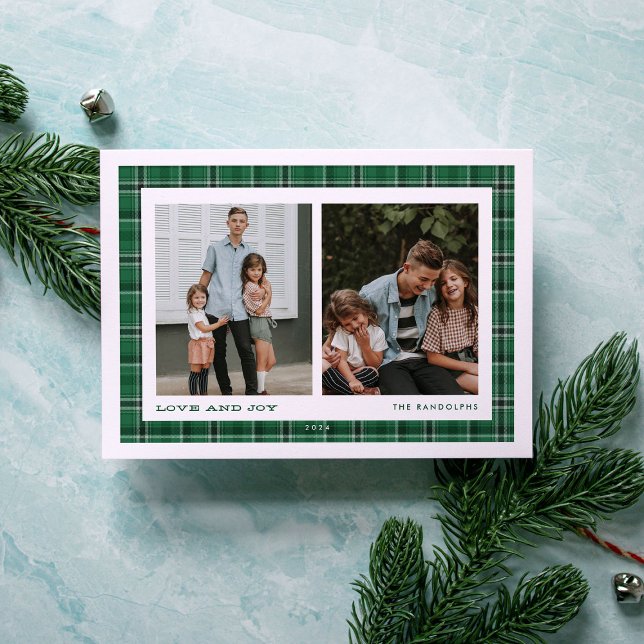 Cartes Pour Fêtes Annuelles Green Plaid Love and Joy Double Photo (Créateur téléchargé)