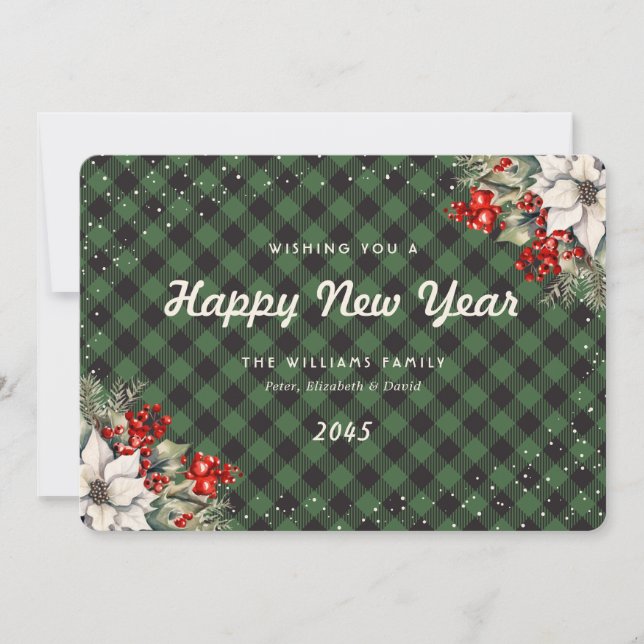 Cartes Pour Fêtes Annuelles Green Plaid Snow Botanical New Year Card (Devant)