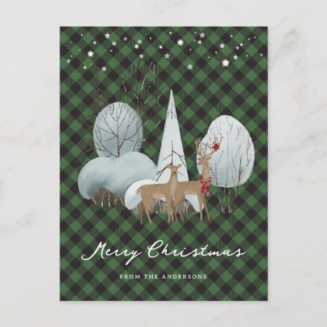 Cartes Pour Fêtes Annuelles Green Plaid Stars Reindeer Joyeux Noël (Devant)