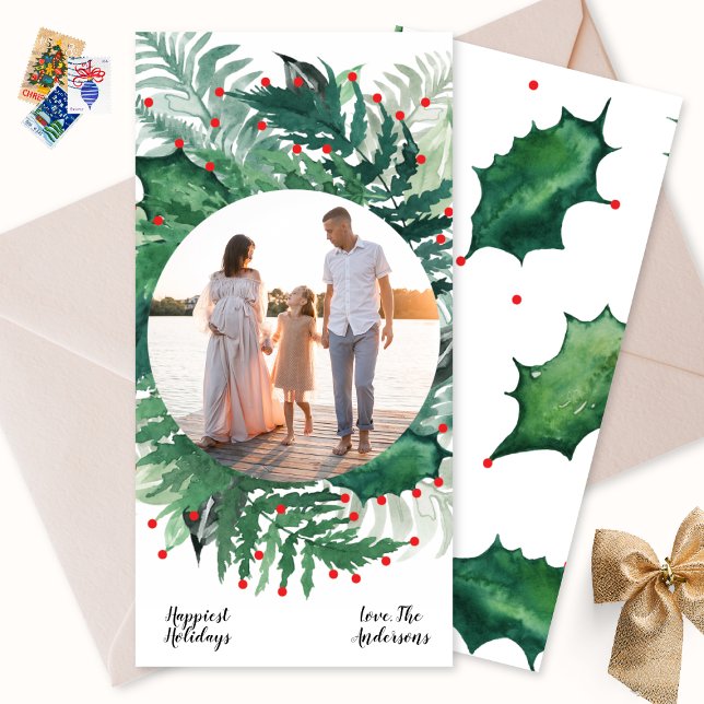 Cartes Pour Fêtes Annuelles Green Red Christmas Botanical Wreath Photo long (Créateur téléchargé)