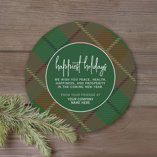 Cartes Pour Fêtes Annuelles Green Red Plaid avec entreprise de salutation (Plaid Christmas Card - Happiest Holidays)