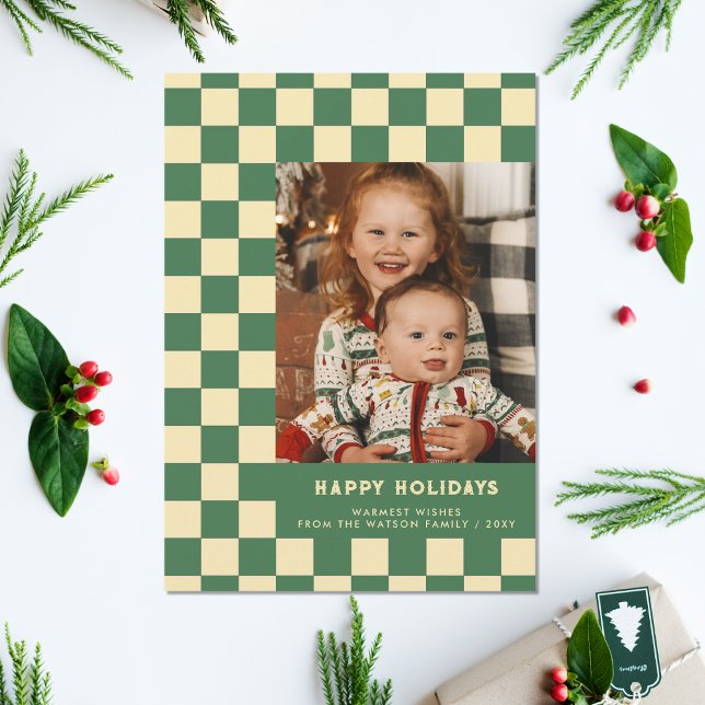 Cartes Pour Fêtes Annuelles Green Retro Super À damiers Happy Holidays Photo (Green Retro Groovy Checkered Happy Holidays Photo Holiday Card)