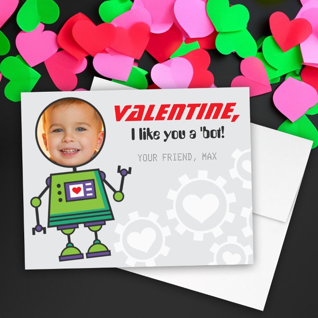 Cartes Pour Fêtes Annuelles Green Robot Valentines Day Boy Photo Classe (Créateur téléchargé)