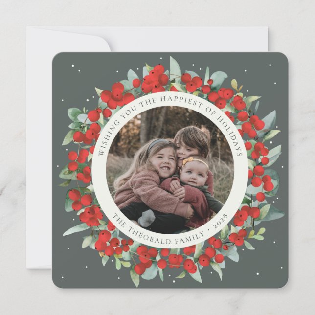 Cartes Pour Fêtes Annuelles Green Round/Square Red Berries+Eucalyptus Photo (Devant)