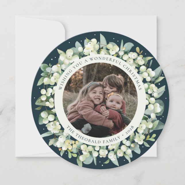 Cartes Pour Fêtes Annuelles Green Round/Square Snowberry+Eucalyptus Photo (Devant)