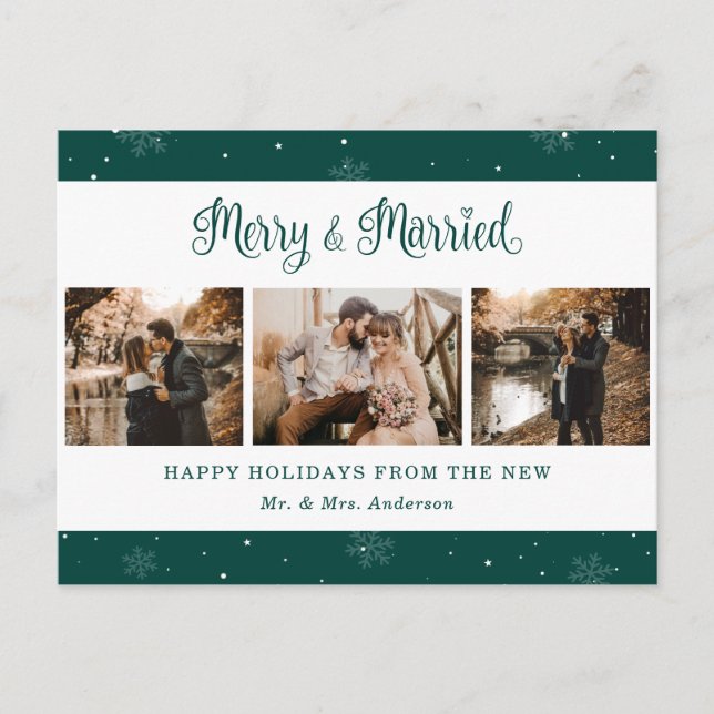 Cartes Pour Fêtes Annuelles Green Snowflake Botanical Newlywed Photo Holiday (Devant)