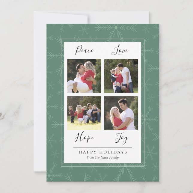 Cartes Pour Fêtes Annuelles Green Snowflakes Four Photo Christmas Card (Devant)