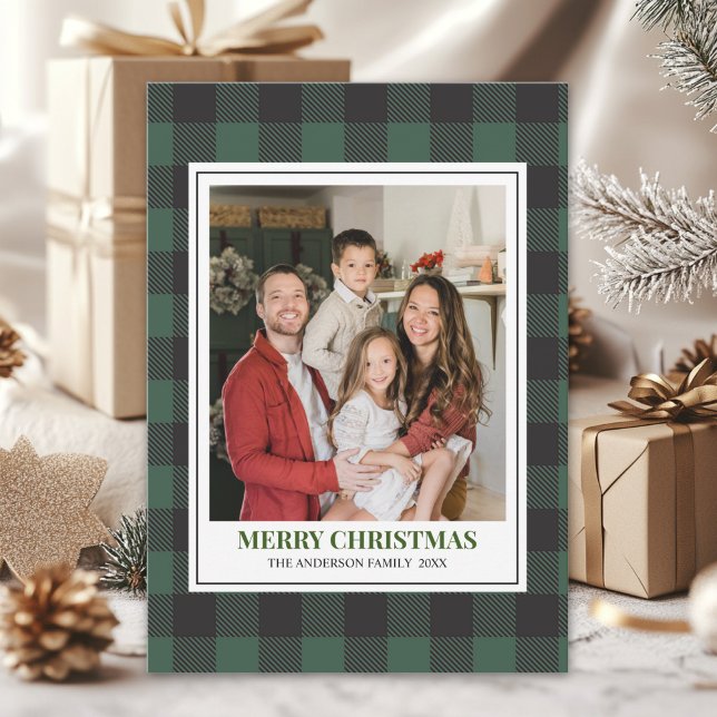 Cartes Pour Fêtes Annuelles Green Tartan Plaid with Christmas Family Photo (Créateur téléchargé)