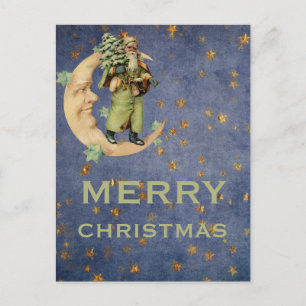 Cartes Pour Fêtes Annuelles Green Vintage Père Noël Crescent Lune Starry Nuit