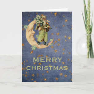 Cartes Pour Fêtes Annuelles Green Vintage Père Noël Crescent Moon Starry Nuit 