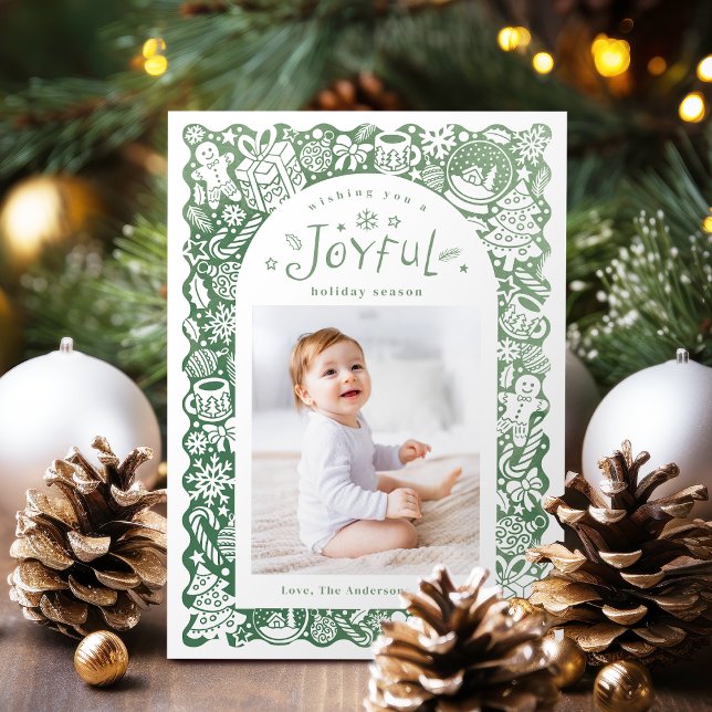 Cartes Pour Fêtes Annuelles Green Whimsical Hand Drawn Joyful Holiday Photo (Green Whimsical Hand Drawn Joyful Holiday Photo)