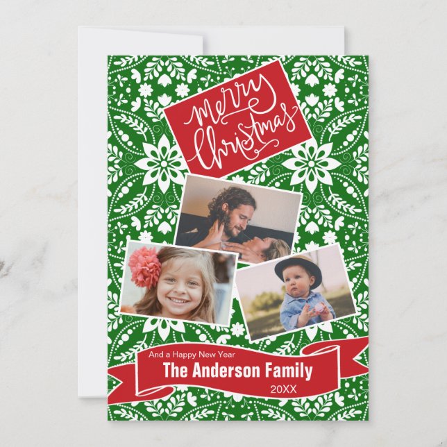 Cartes Pour Fêtes Annuelles Green White Folk Floral Motif de vacances (Devant)